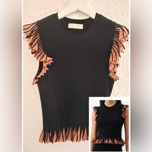 Ulla Johnson Leila Ribbed Knit Top | Pleated Ruffle Sleeveless Designer Blouse